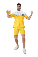 A man in the Suitmeister Premium Beer Yellow suit and matching shorts holds a beer mug, cheering with his fist raised. He has short brown hair, white sneakers, and stands against a plain white background.
