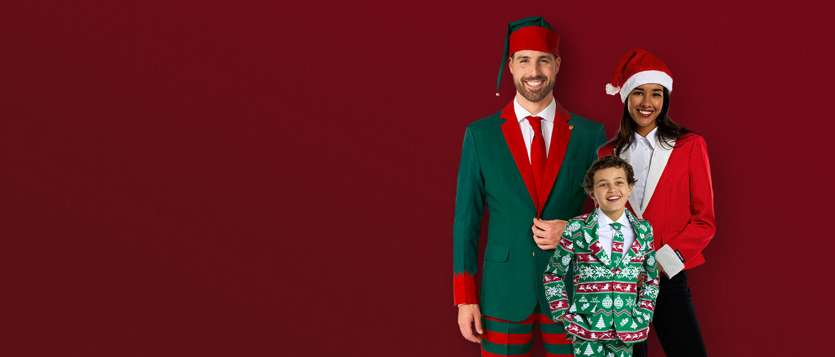 Image with dark red background and 3 persons on the right side wearing Christmas outfits.