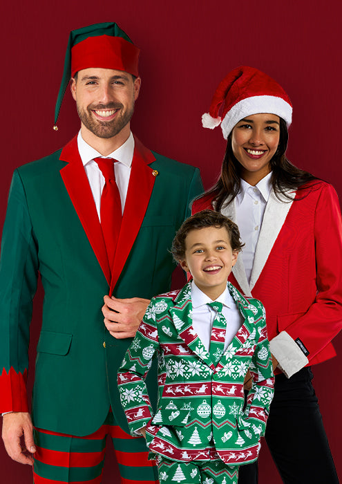 Image with dark red background and 3 persons wearing Christmas outfits.