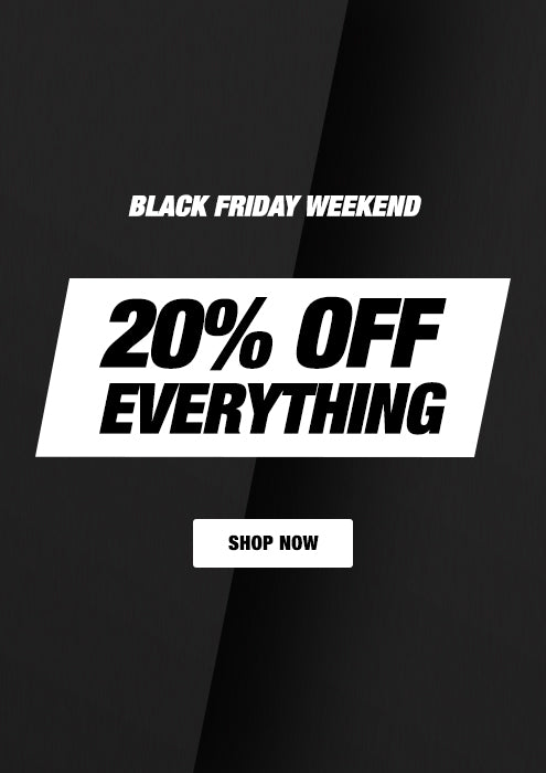 Image with black background and the text Black Friday weekend 20% off everything Shop now in white, in the center.