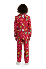 A boy with curly hair, seen from behind, wears the Suitmeister BOYS Christmas Red Icons - Light Up suit featuring festive patterns and stands against a white background.