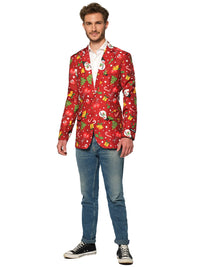 A man smiles in a Suitmeister Christmas Red Icons - Light Up blazer, paired with a white shirt, blue jeans, and black-and-white sneakers against a plain white background.