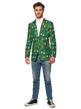 A man stands facing forward, wearing a white shirt, blue jeans, black sneakers, and the Suitmeister Christmas Green Tree - Light Up blazer.
