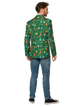 A man faces away, wearing Suitmeister's Christmas Green Tree - Light Up blazer with a festive tree pattern, light blue jeans, and black sneakers against a white background.