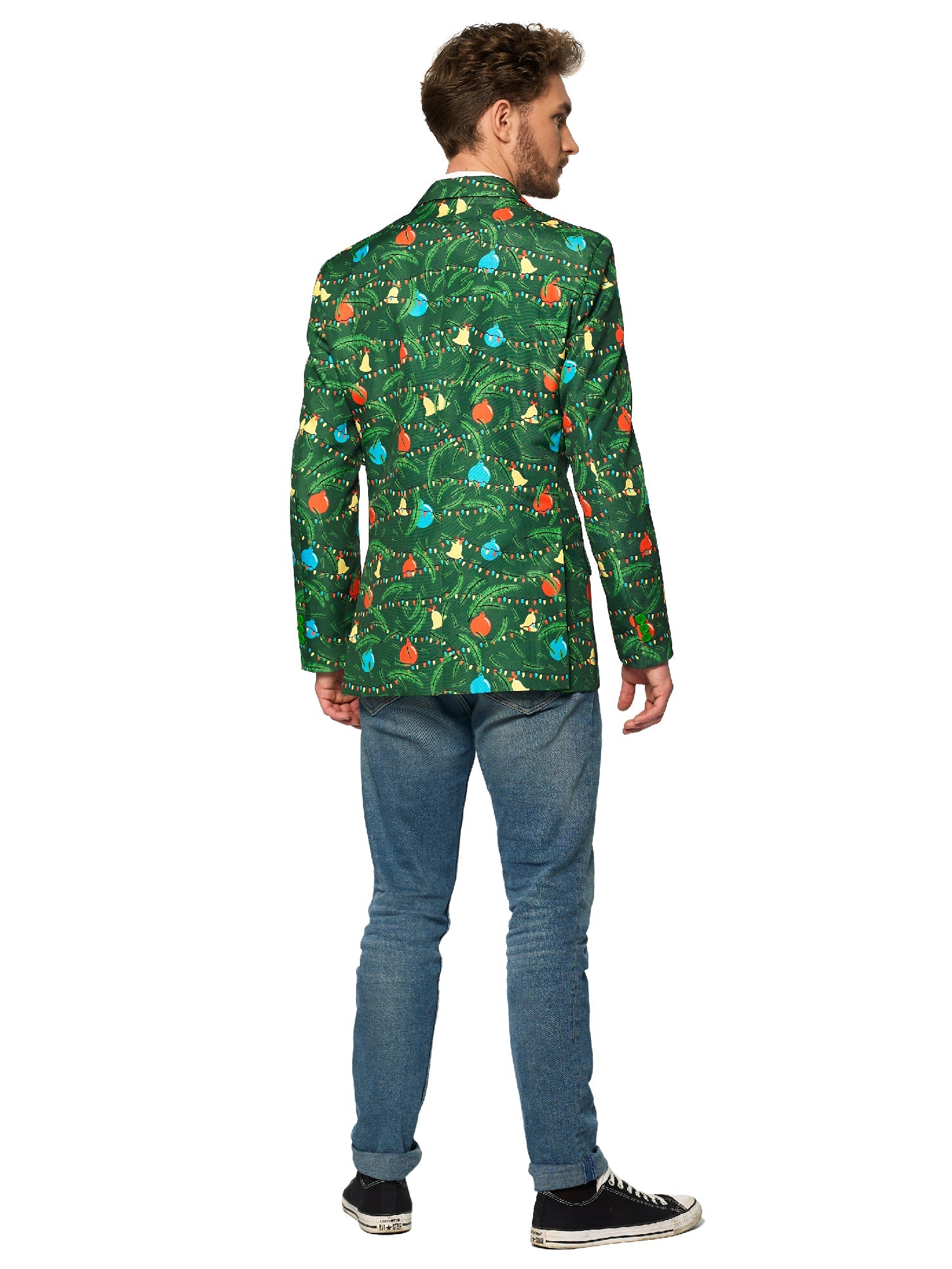 A man faces away, wearing Suitmeister's Christmas Green Tree - Light Up blazer with a festive tree pattern, light blue jeans, and black sneakers against a white background.