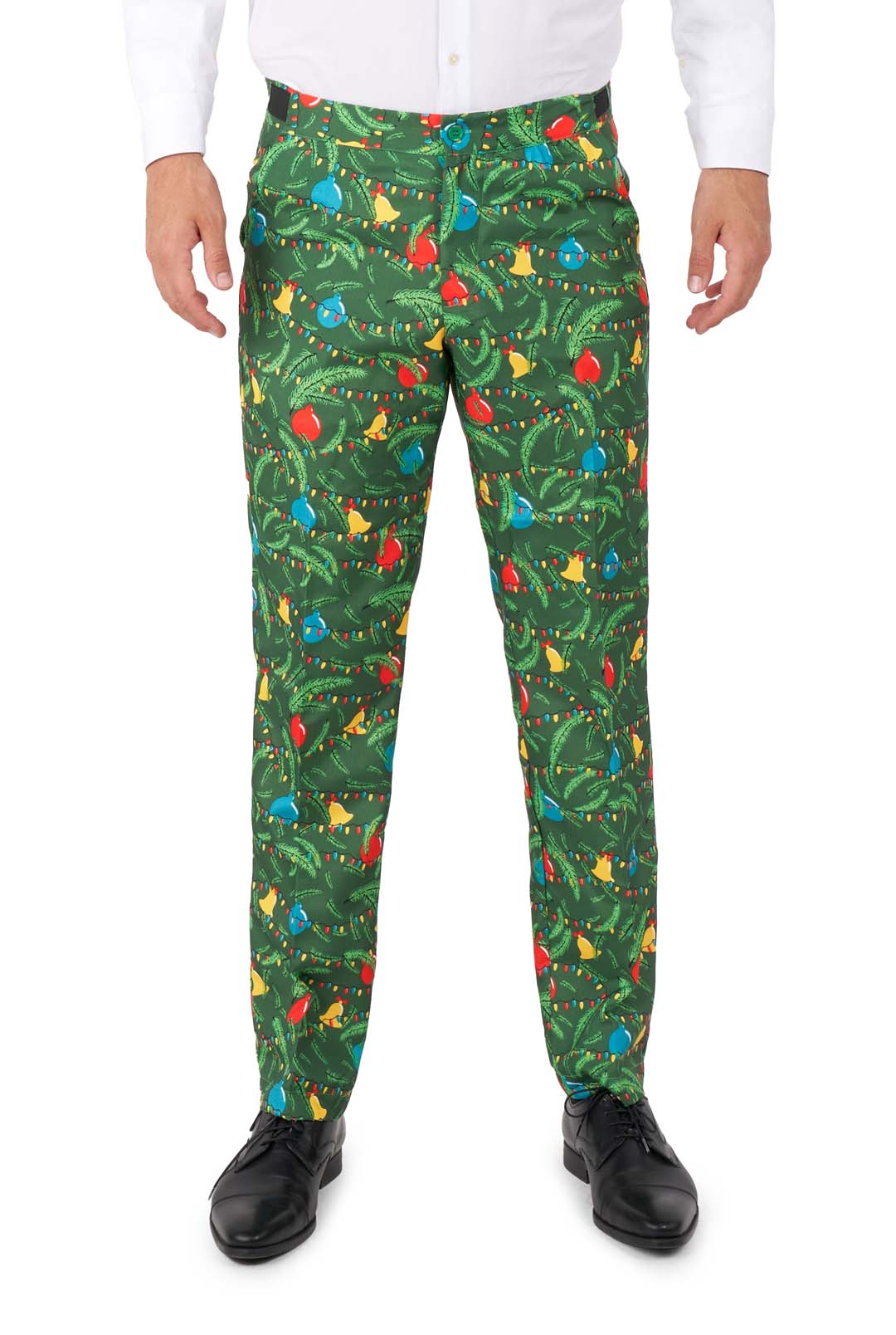 A person wearing Suitmeister's Christmas Green Tree - Light Up pants, featuring a festive holiday lights pattern, paired with a white dress shirt and black dress shoes, stands against a white background.