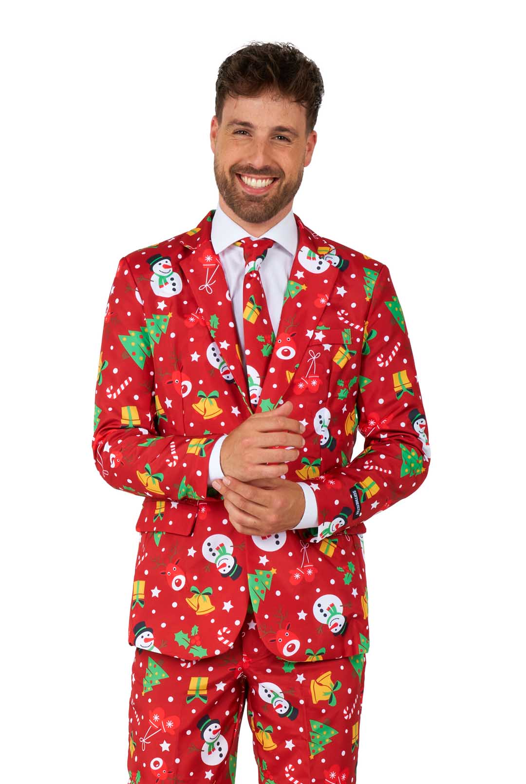 A smiling man with short brown hair wears the Suitmeister "Christmas Red Icons - Light Up" suit, featuring snowmen, trees, candy canes, and ornaments on bright red, with a white shirt and red tie, standing against a white background.