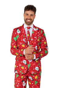 A smiling man with short brown hair wears the Suitmeister "Christmas Red Icons - Light Up" suit, featuring snowmen, trees, candy canes, and ornaments on bright red, with a white shirt and red tie, standing against a white background.