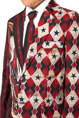 Close-up of the suit jacket showing the bold red and black clown face design next to the diamond star pattern.