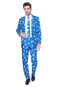 A man is dressed in the Suitmeister "Christmas Blue Snowman" ensemble, featuring a blue suit adorned with a snowman pattern, complemented by a white shirt and a coordinating blue tie with the same design. He has dark hair and is positioned against a white background.