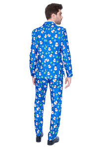 A man faces away, dressed in the Suitmeister Christmas Blue Snowman suit, featuring colorful Christmas-themed patterns like snowmen and gifts. He has short brown hair and is wearing black shoes against a plain white background.