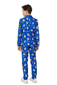 A boy is standing with his back turned, wearing the "Christmas Suit Blue Snowman" by Suitmeister. This vibrant suit features a festive snowman and gift pattern in bright colors such as red, white, and green accents. He has paired it with crisp white sneakers.