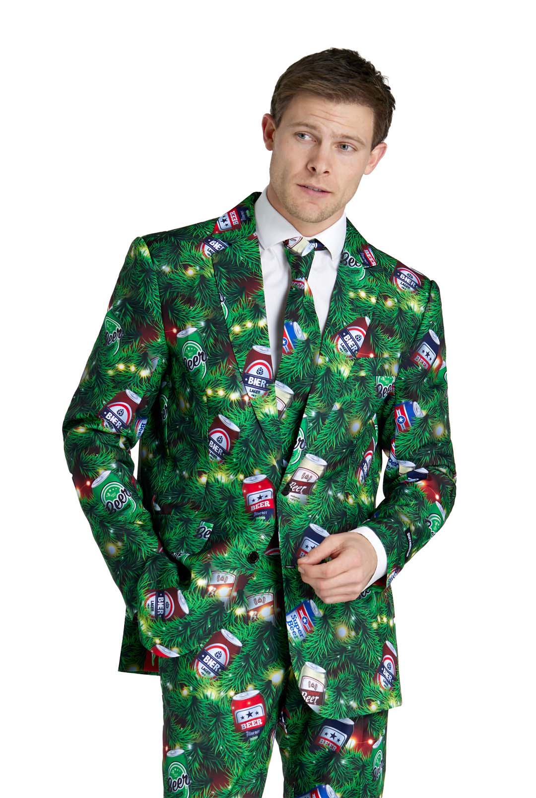 A man wears the Suitmeister "Christmas Beers Green" suit, featuring festive pine branches and colorful soda cans, with a white shirt and tie, standing against a plain white background.