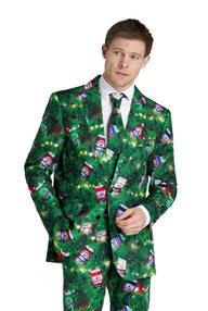 A man wears the Suitmeister "Christmas Beers Green" suit, featuring festive pine branches and colorful soda cans, with a white shirt and tie, standing against a plain white background.