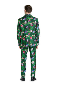 A man faces away, wearing the Suitmeister "Christmas Beers Green" suit adorned with festive images like candy canes, gift boxes, and ornaments. The background is plain white.
