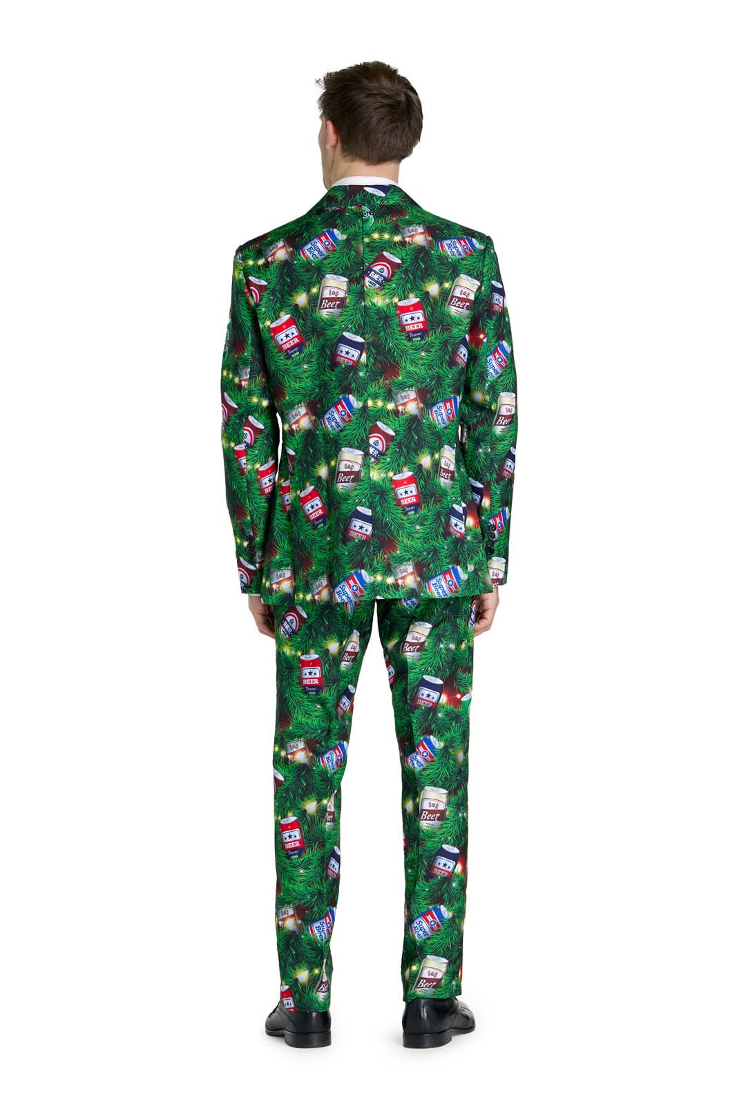 A man faces away, wearing the Suitmeister "Christmas Beers Green" suit adorned with festive images like candy canes, gift boxes, and ornaments. The background is plain white.