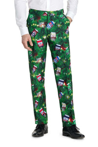 Someone is wearing Suitmeister's Christmas Beers Green pants, featuring a festive print of pine branches and beer cans, styled with a white dress shirt and black dress shoes.