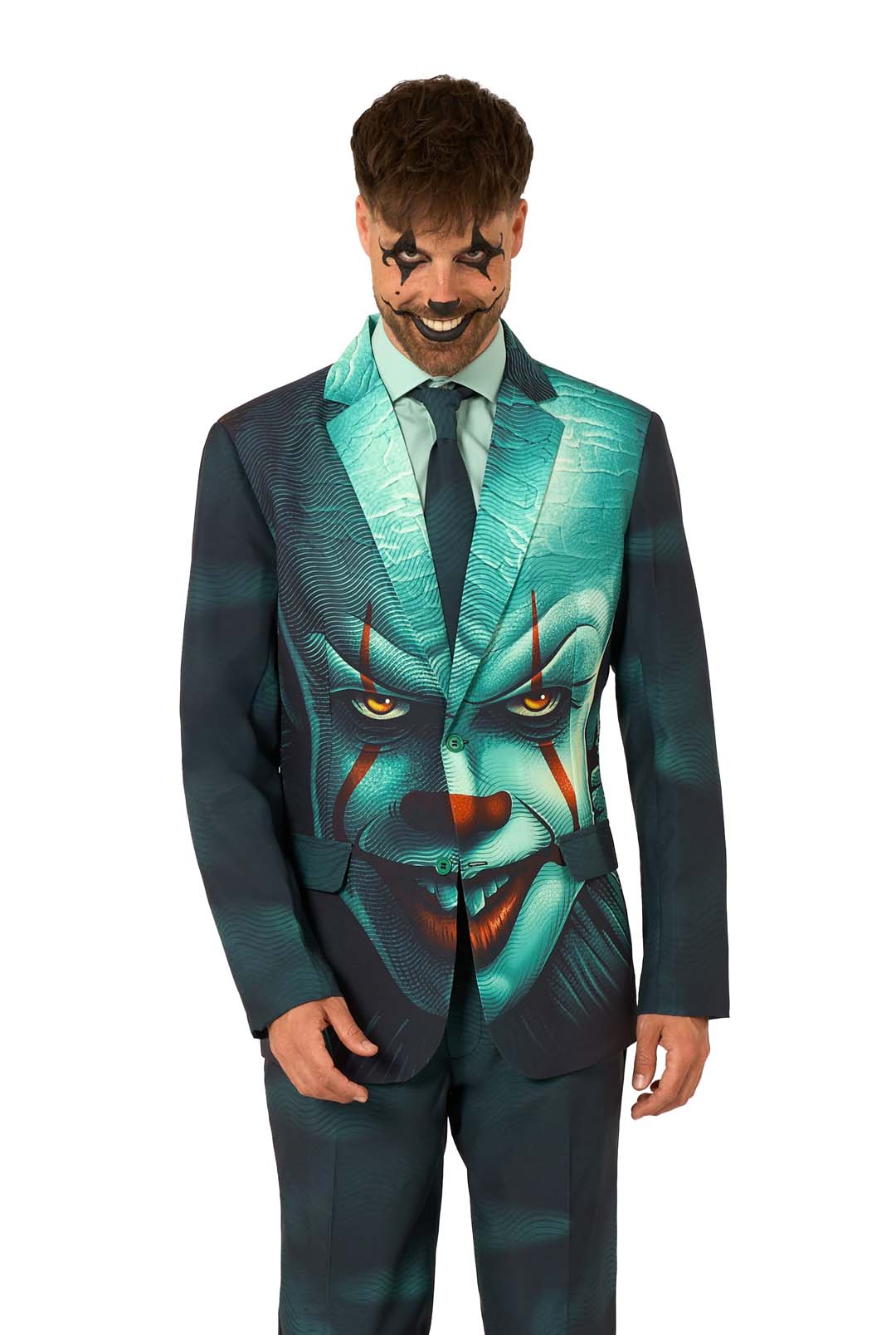 A man wears the Suitmeister IT™ Halloween suit, featuring a large menacing clown face print on the jacket, paired with a teal shirt and tie.