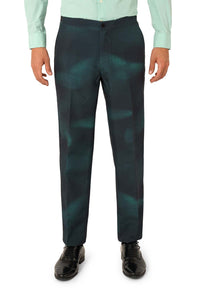 A person wearing the Suitmeister IT™ Halloween suit stands with arms relaxed at their sides against a white background. The outfit features a mint green button-up shirt, dark teal patterned dress pants, and black dress shoes.