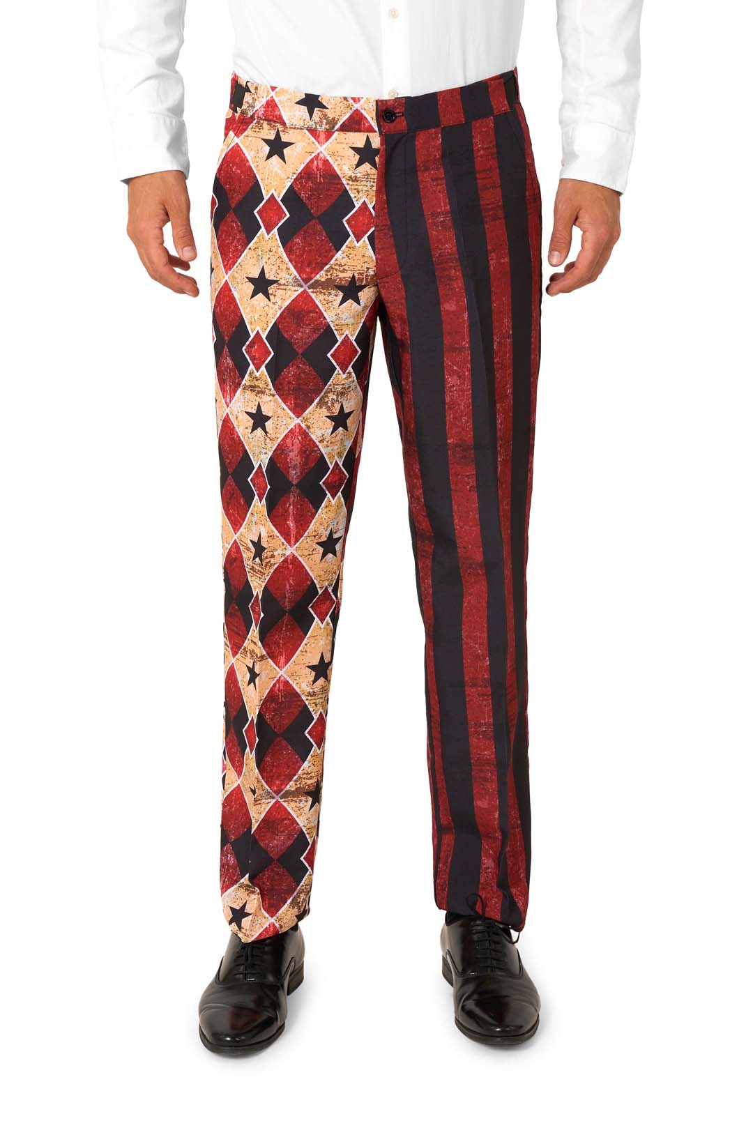 Close-up of scary clown Halloween pants for men with split design in red-black stripes and star-diamond patterns, matching clown blazer available.