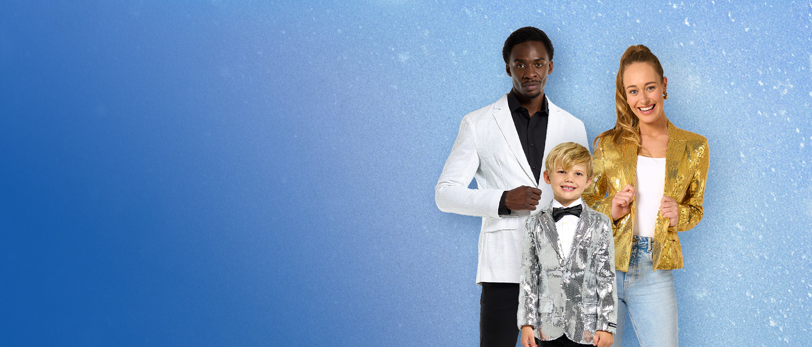 Image with light blue background and 3 persons wearing sequin blazers, on the right side of the image.